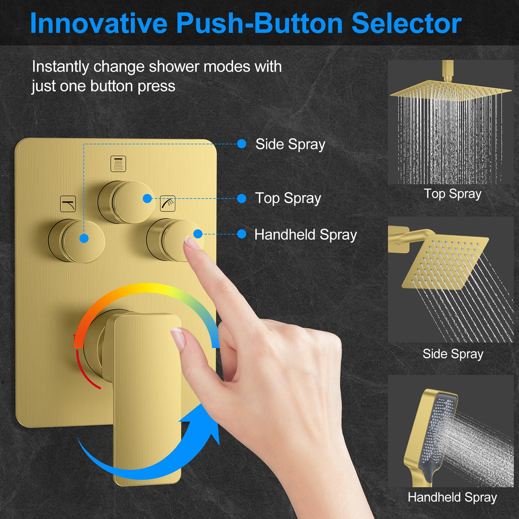 Brushed Gold Shower Faucet Set, Push-Button Shower System with Rain Shower and Handheld, 12" Ceiling Rain Head, 6"