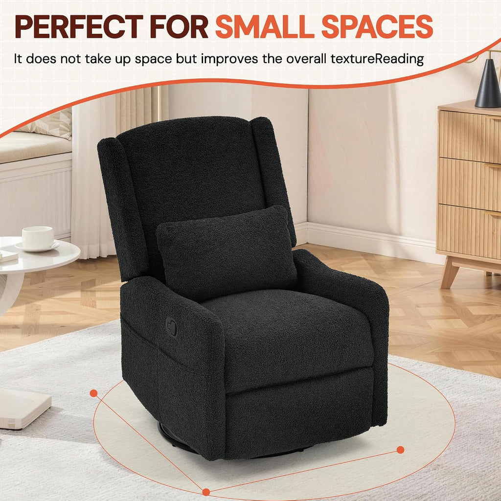 Glider Recliner Rocking Chair, 360° Swivel Boucle Nursery Chair, Comfy Upholstered Recliner ,Black