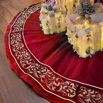 Christmas Tree Skirt 60 inch, Red Luxury Velvet Plush Faux Fur Extra Large Skirts with Golden Embroidered Vintage