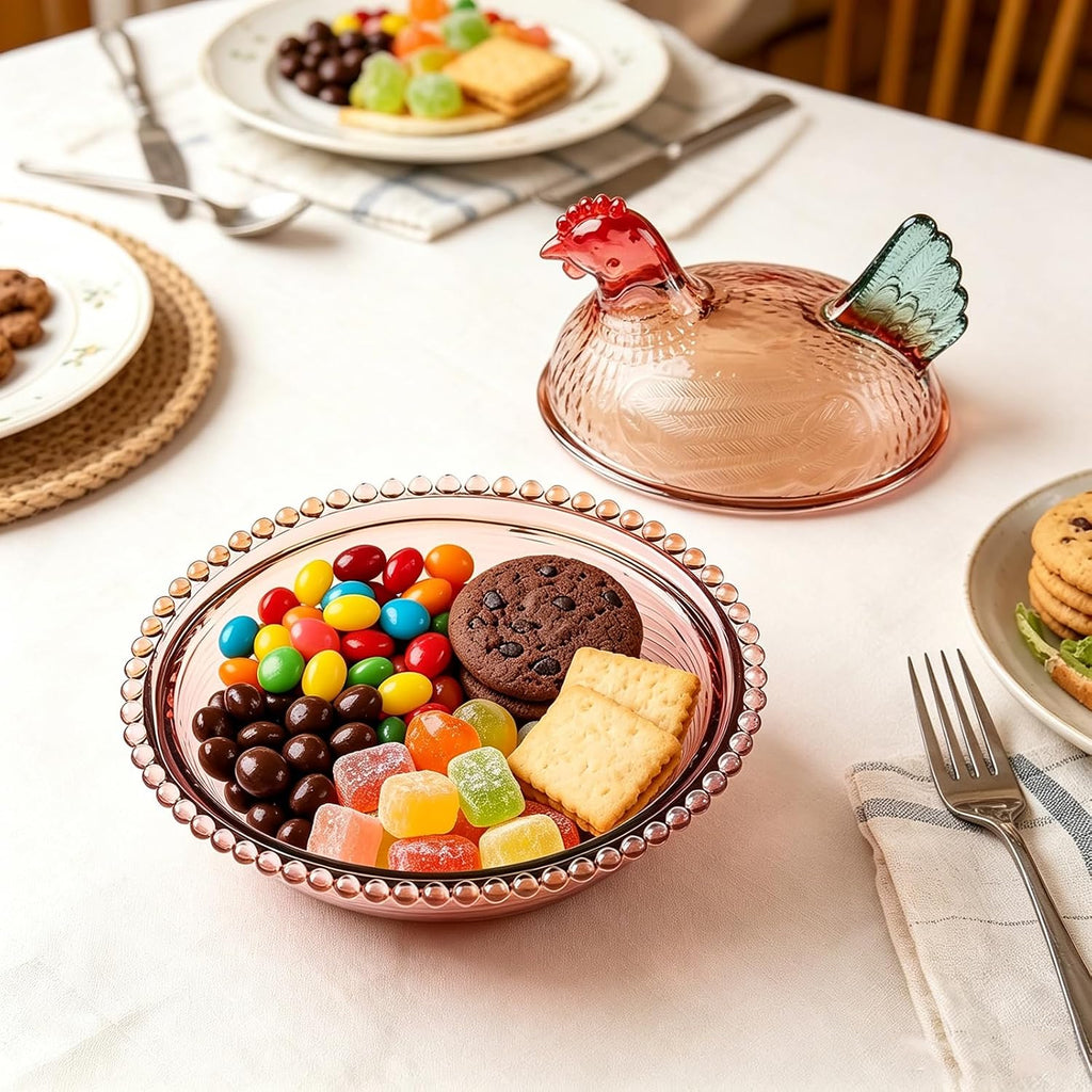 Candy Dish with Lid Glass Hen on Nest Vintage Funny Candy Dishes Snack Bowl for Nuts, Dessert, Cookies, Biscuit
