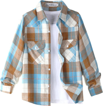 Boys Western Shirt Long Sleeve Button Down Flannel Plaid Shirt