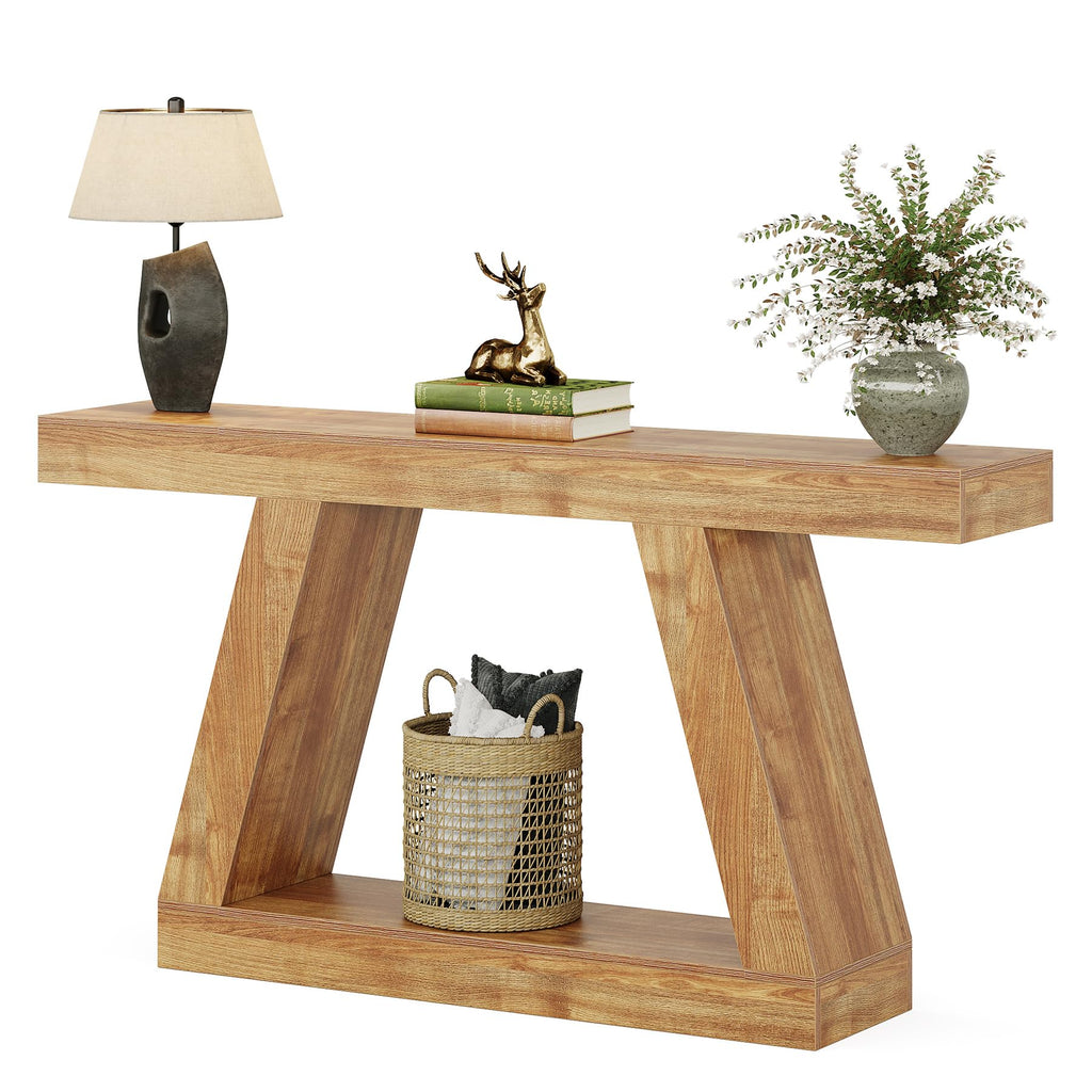 Farmhouse Console Table, 55-Inch Rustic Sofa Table with Storage, Industrial Wooden Entryway Table, Natural Brown