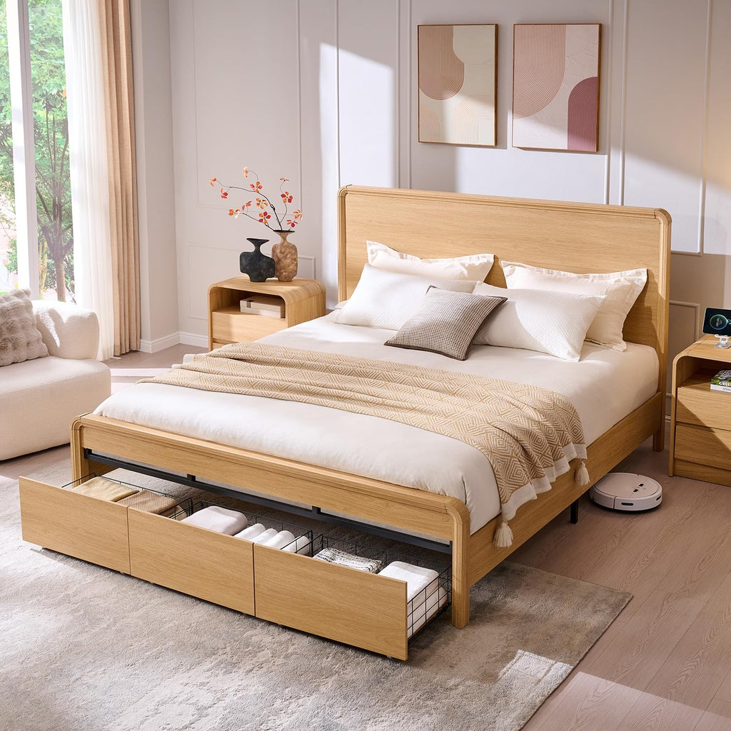 Modern King Size Bed Frame with 50" Tall Headboard, Natural Oak