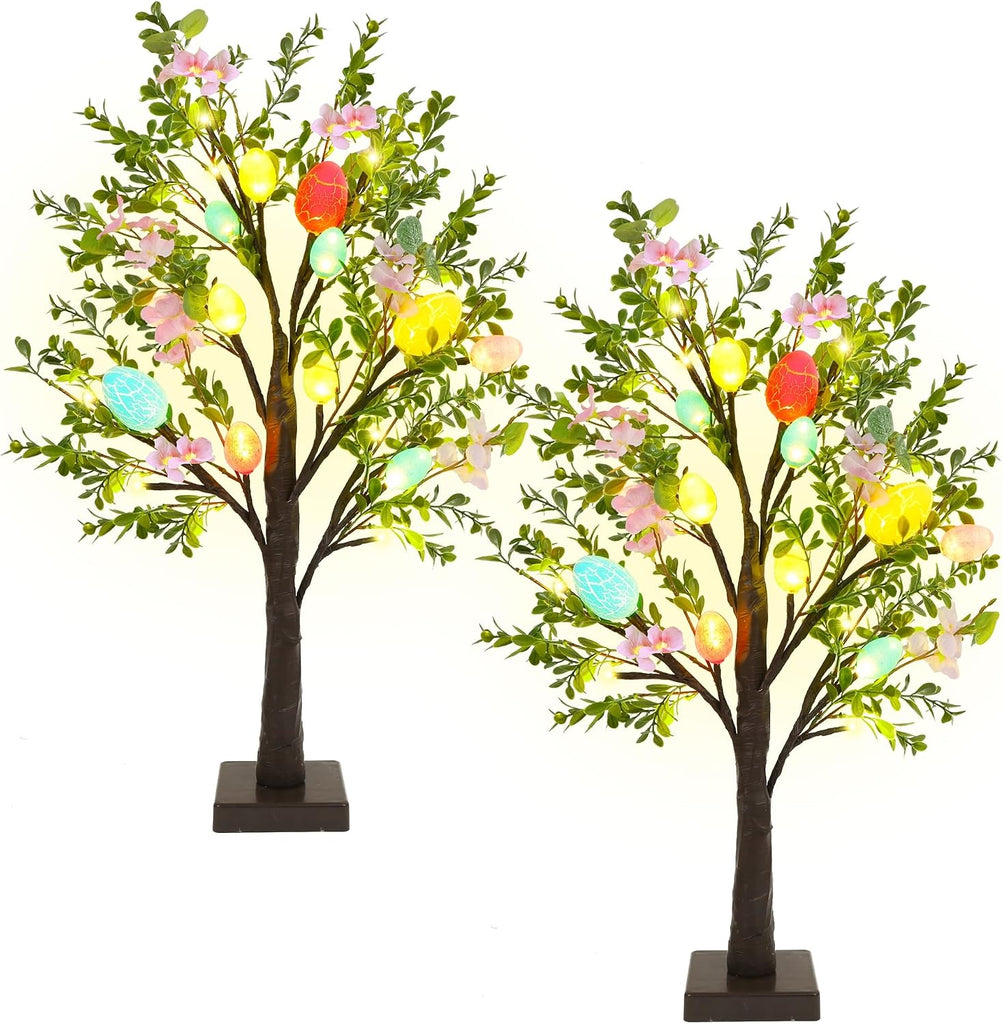 Easter Decor Lighted 24 Inch Artificial Tree with Easter Eggs & Colorful LED Lights, Light Up Tabletop - Set of 2