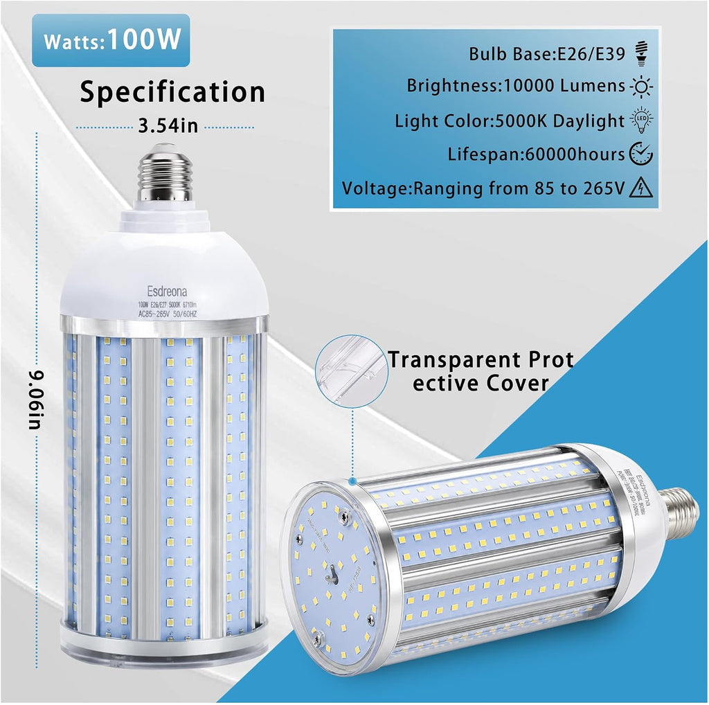 2 Pack 100W LED Corn Cob Bulb,10,000 Lumen, Daylight 5000K