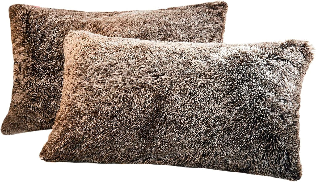 Faux Fur Decorative Throw Pillow Shams 2 Pack Luxury Shaggy Pillowcases Crystal Velvet Reverse Queen (Dark Grey