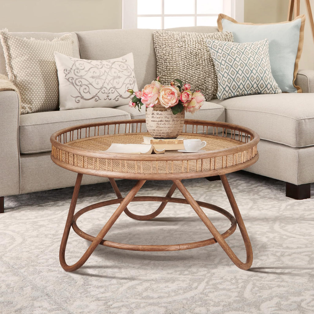 Boho Rattan Coffee Table Round, Handwoven Modern Style Round Wicker Coffee Table, 32x18 '' Brown