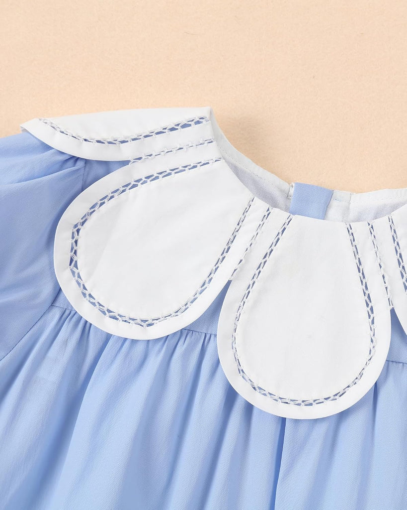 Toddler Baby Girls Casual Cotton Dress with Smocked Flower Collar Kids Vintage Dresses with Shortsleeves for Holiday