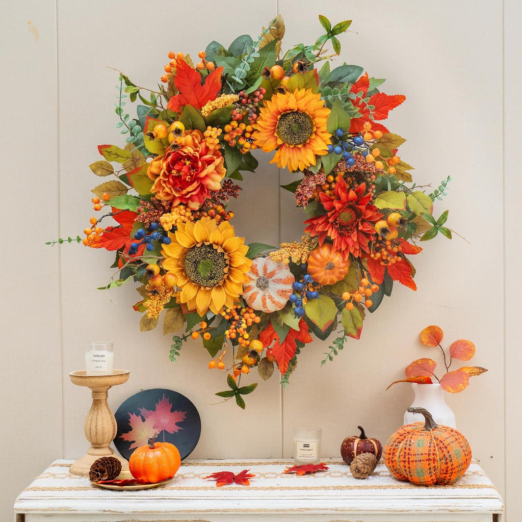 24 Inch Harvest Fall Wreaths for Front Door Outside with Sunflowers