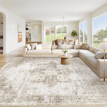 Area Rug Washable Rug, Vintage Boho Medallion Rugs Non-Slip Soft Low Pile Large Distressed Rug Indoor Retro
