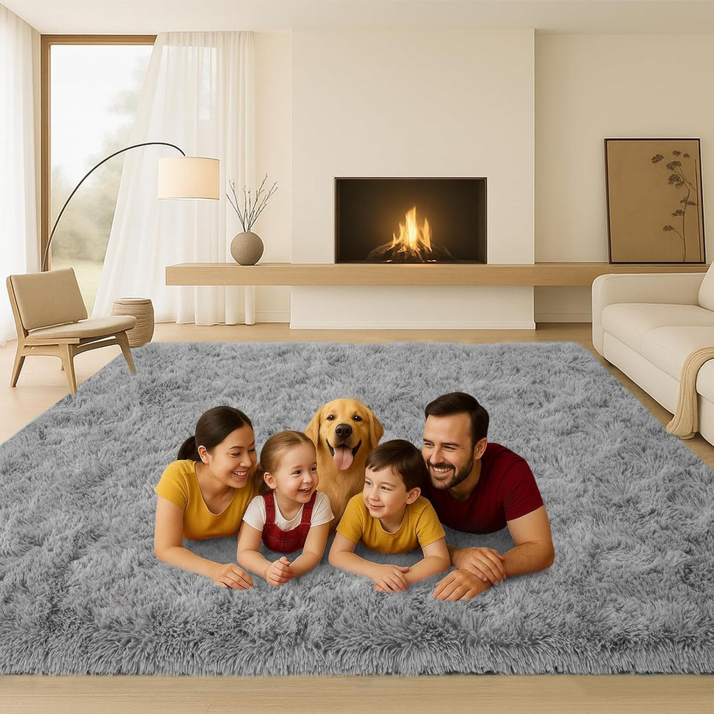 8x10 Area Rugs Living Room, Gray Plush Fluffy Bedroom Rugs, Non-Slip Upgraded Indoor Thick Soft Rug, Modern Plush