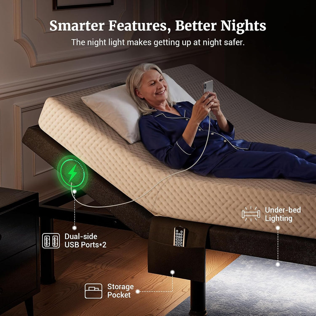 T600 Adjustable Bed Base with Massage & Remote, Ergonomic Adjustable Bed Frame Full Size with Head & Foot Incline