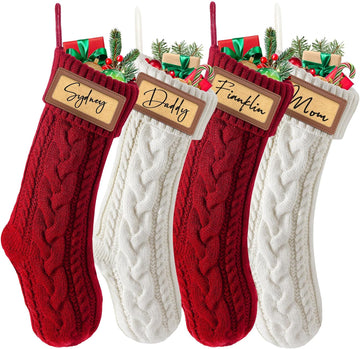 Personalized with Leather Patches Name Family Christmas Stockings, 18.5" Large Knitted Xmas Stockings - Set of 4