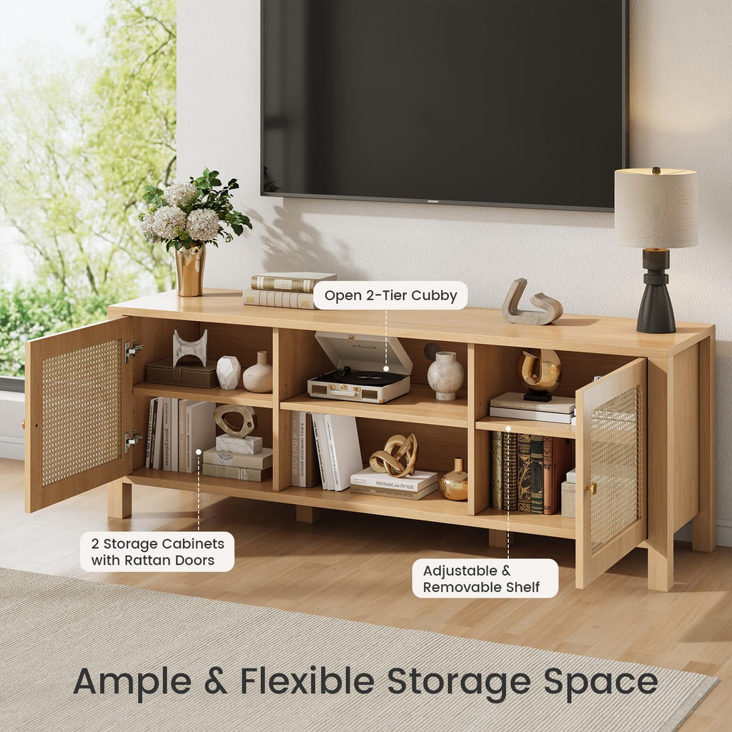 Rattan TV Stand with Adjustable Shelf and Open Shelves, Natural Oak