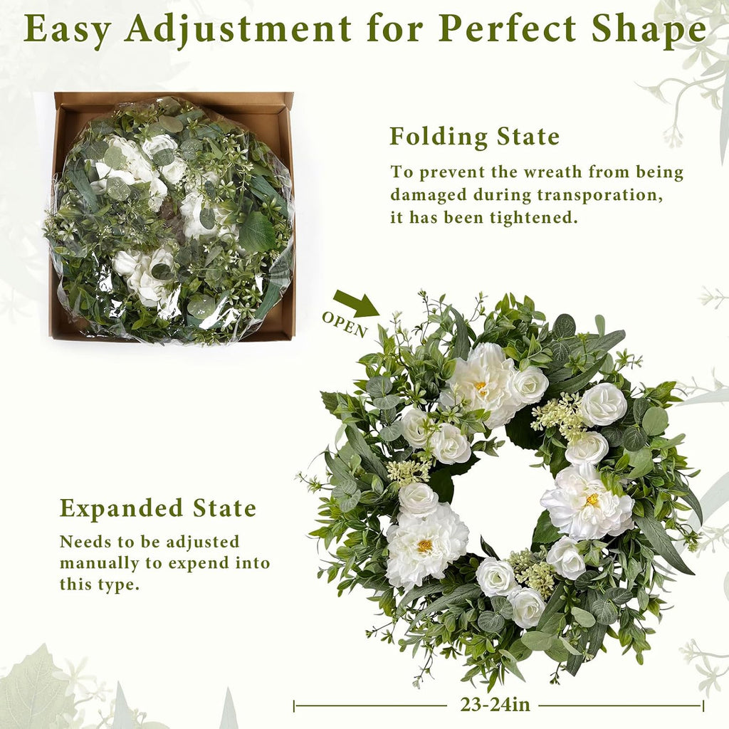 Summer Wreaths for Front Door 24" White Dahlia Rose Floral Wreath