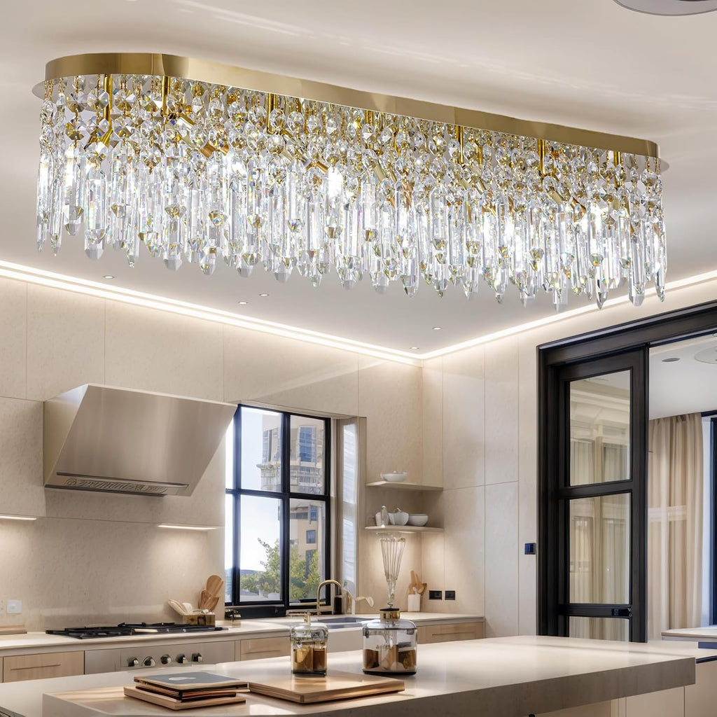 12-Light Modern Gold Crystal Raindrop Chandelier for Dining Room, Luxury Oval Flush Mount Crystal Pendant Ceiling