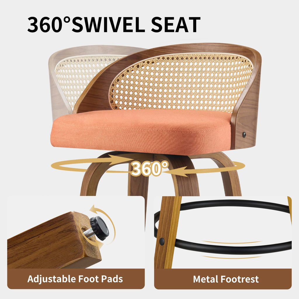 26" Swivel Counter Height Bar Stools Set of 2, Rattan Back, Orange Fabric