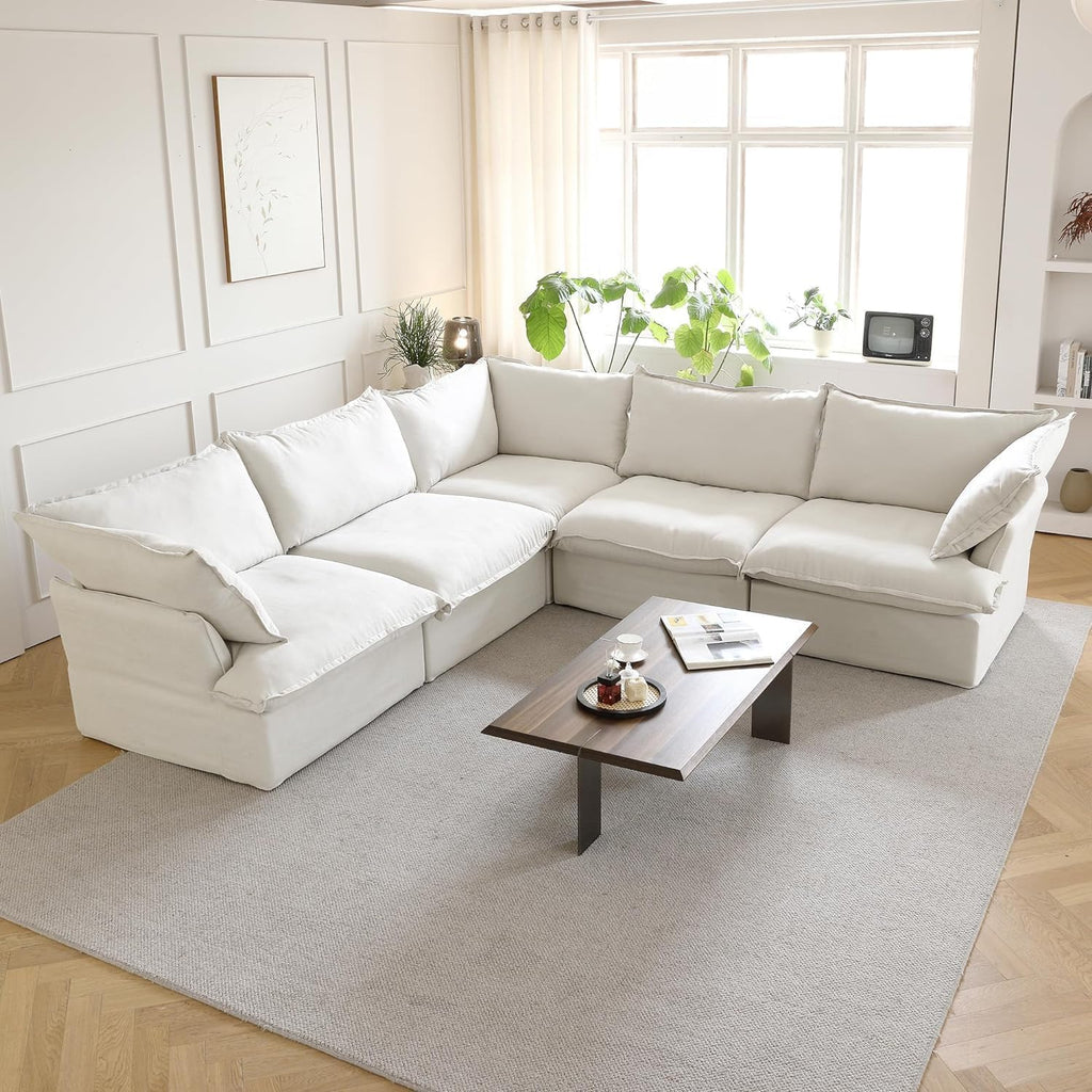 V-Shaped Cloud Sectional Couch, Deep Seats Convertible Sofas, Minimalist Cloud Modular Sofa, Down Fill Soft Sofas for Living Room, Office, Apartment (5 Seats, White) A124-B0DMSS3FSR