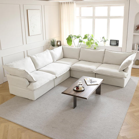 V-Shaped Cloud Sectional Couch, Deep Seats Convertible Sofas, Minimalist Cloud Modular Sofa, Down Fill Soft Sofas for Living Room, Office, Apartment (5 Seats, White) A124-B0DMSS3FSR
