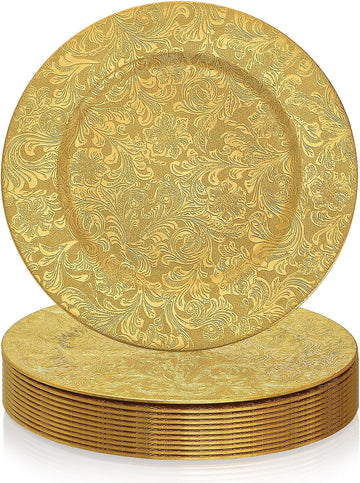 Gold Charger Plates, 13" Plastic Round Antique Plate Chargers for Dinner Plates, Floral Charger Plates - Set of 12