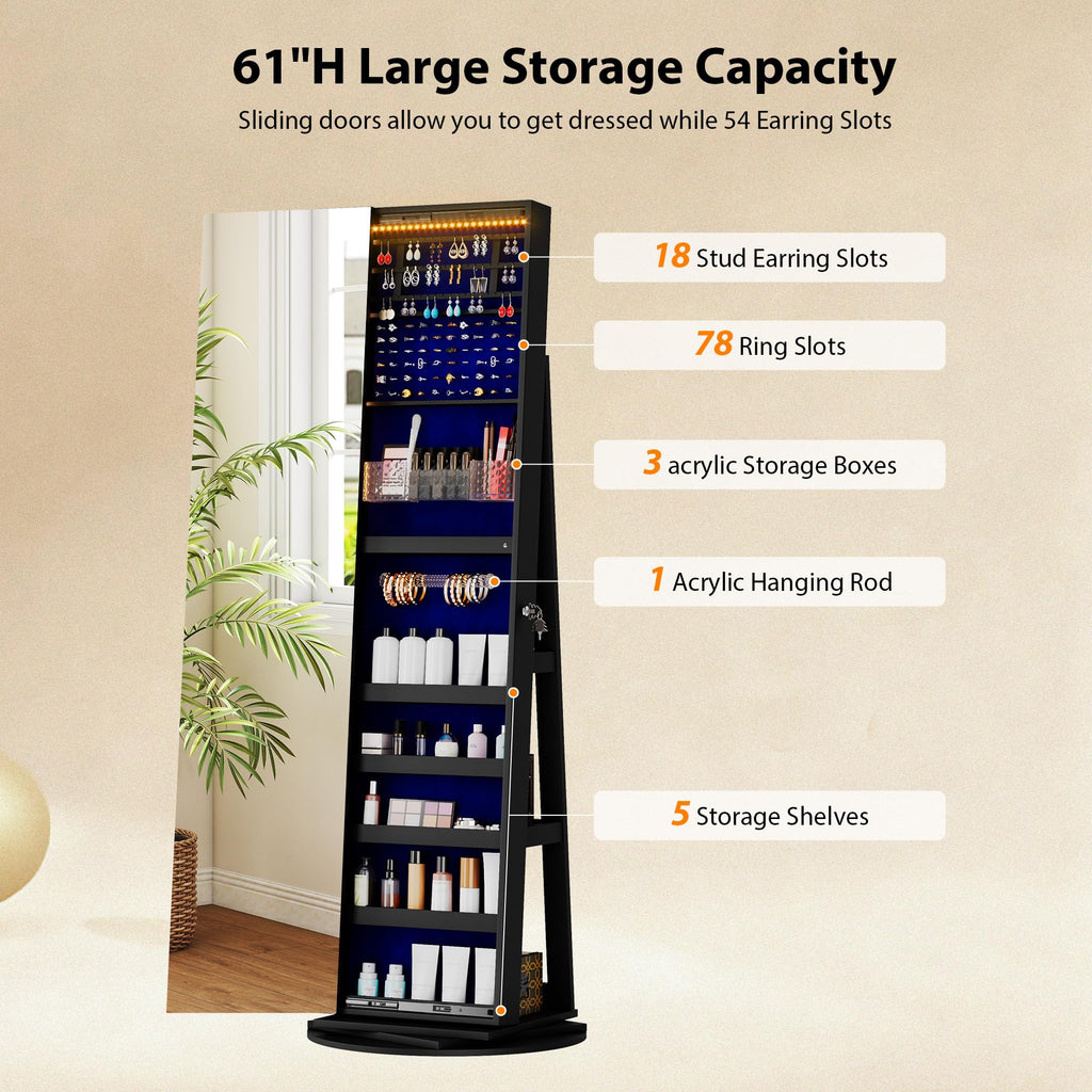 LED Jewelry Cabinet with Sliding Full Length Mirror, Black