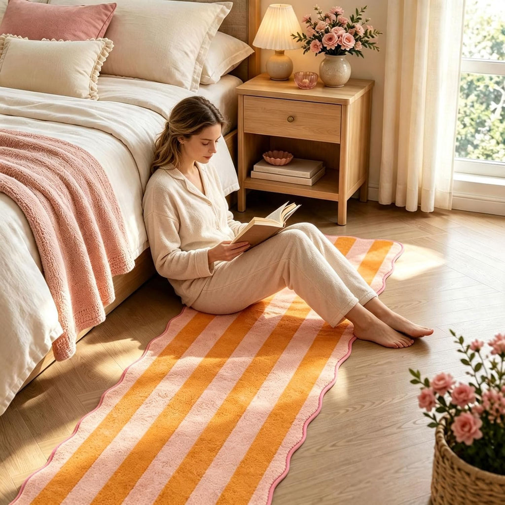 Scalloped Kitchen Runner Rug, Orange Pink Stripe, 2 x 6 Ft