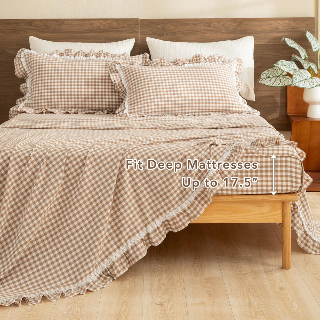 3 Piece Cotton Sheet Set, Tan Gingham & Lace Ruffle Fitted
