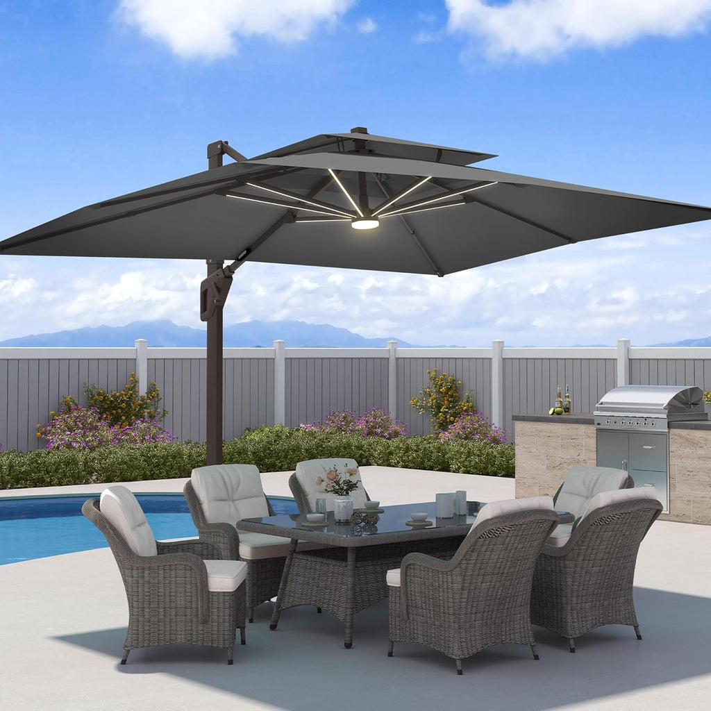 9x12 FT Patio Umbrella with Weighted Base and LED Lights Cantilever Outdoor Large Heavy Duty Rectangle Aluminum Offset