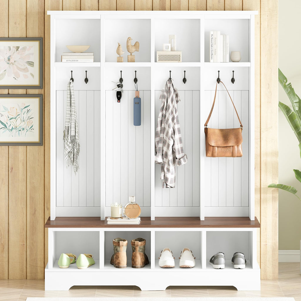 59" W Hall Tree, Farmhouse Entryway Storage and Wood Coat Rack, Entryway Furniture with 8 Hooks, Hall Tree with Bench