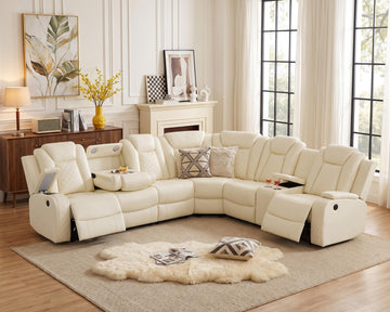 Power Recliner Sectional Sofa with LED & USB Port, Faux Leather Reclining Couch, L-Shaped Reclining Sectional with