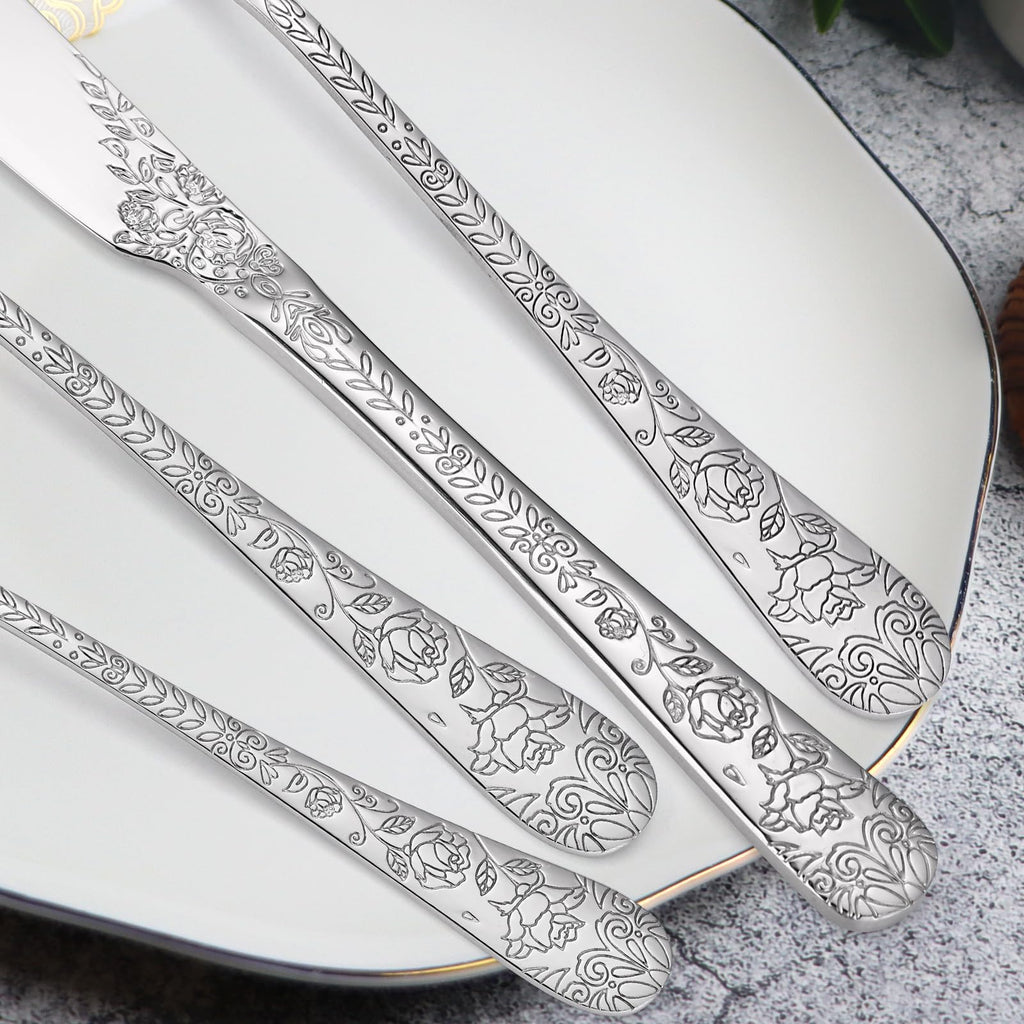 Floral Silverware Set 6 Silvery Flatware Stainless Steel with Delicate Engraved Rose Flower Embossed Design Complete