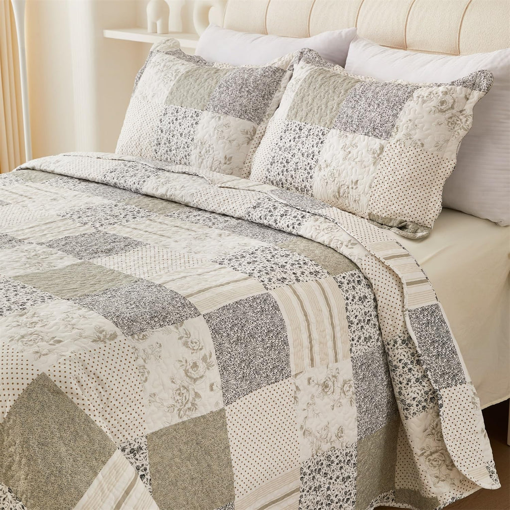 Summer Floral Quilt Set, Grey Patchwork Quilts, Reversible Quilted Bedspread with 2 Shams, Vintage