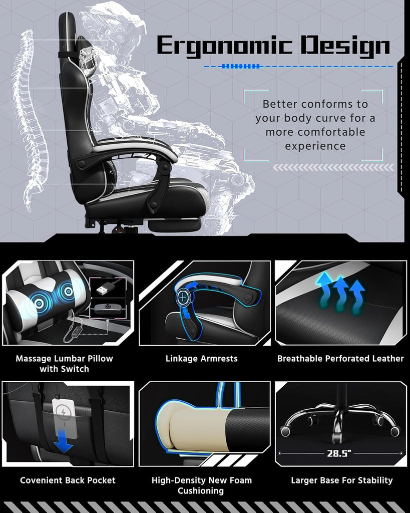 Gaming Chair with Footrest Massage Lumbar Pillow Black and White | Foam-padded PU leather racing seat and plush