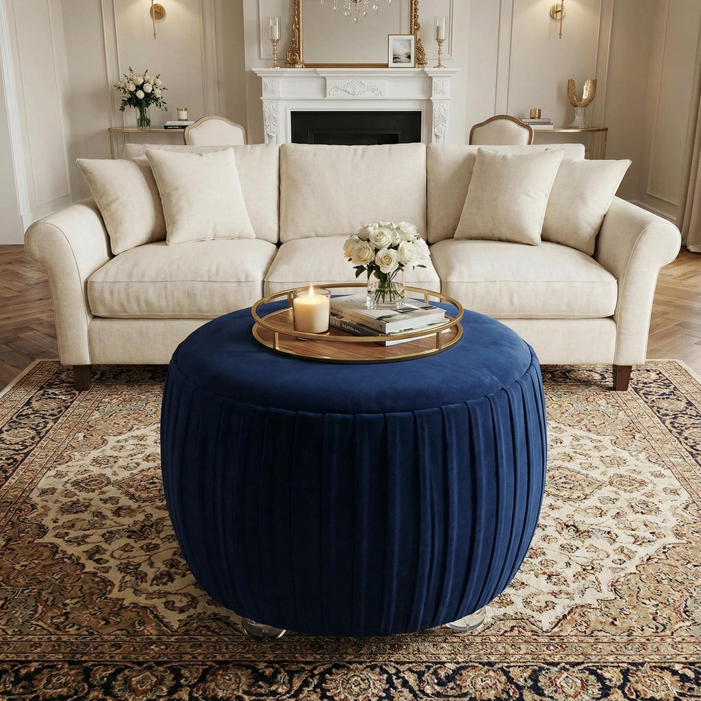 Doles Round Ottoman with Clear Acrylic Legs 16, High, Navy Blue Velvet