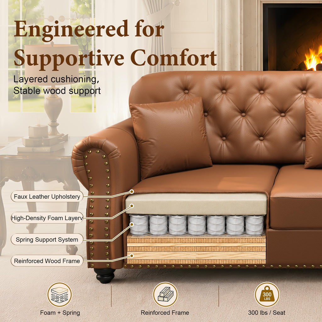 41.3'' Faux Leather Chesterfield Sofa & Ottoman Set, Brown