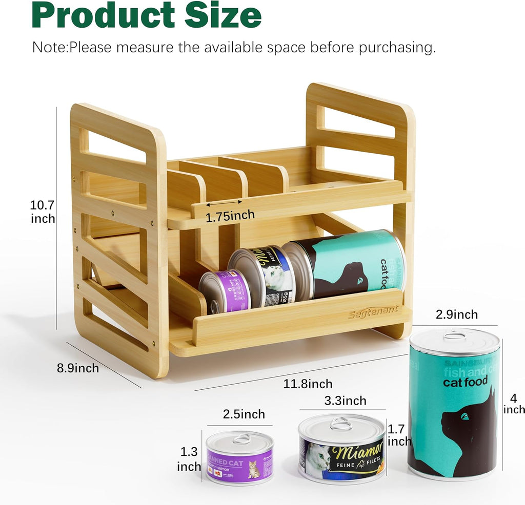 Rolling Bamboo Cat Food Can Organizer, 2-Layer Wet Cat Food Storage Container Holds 42 (3oz) Cans, Canned Cat Food