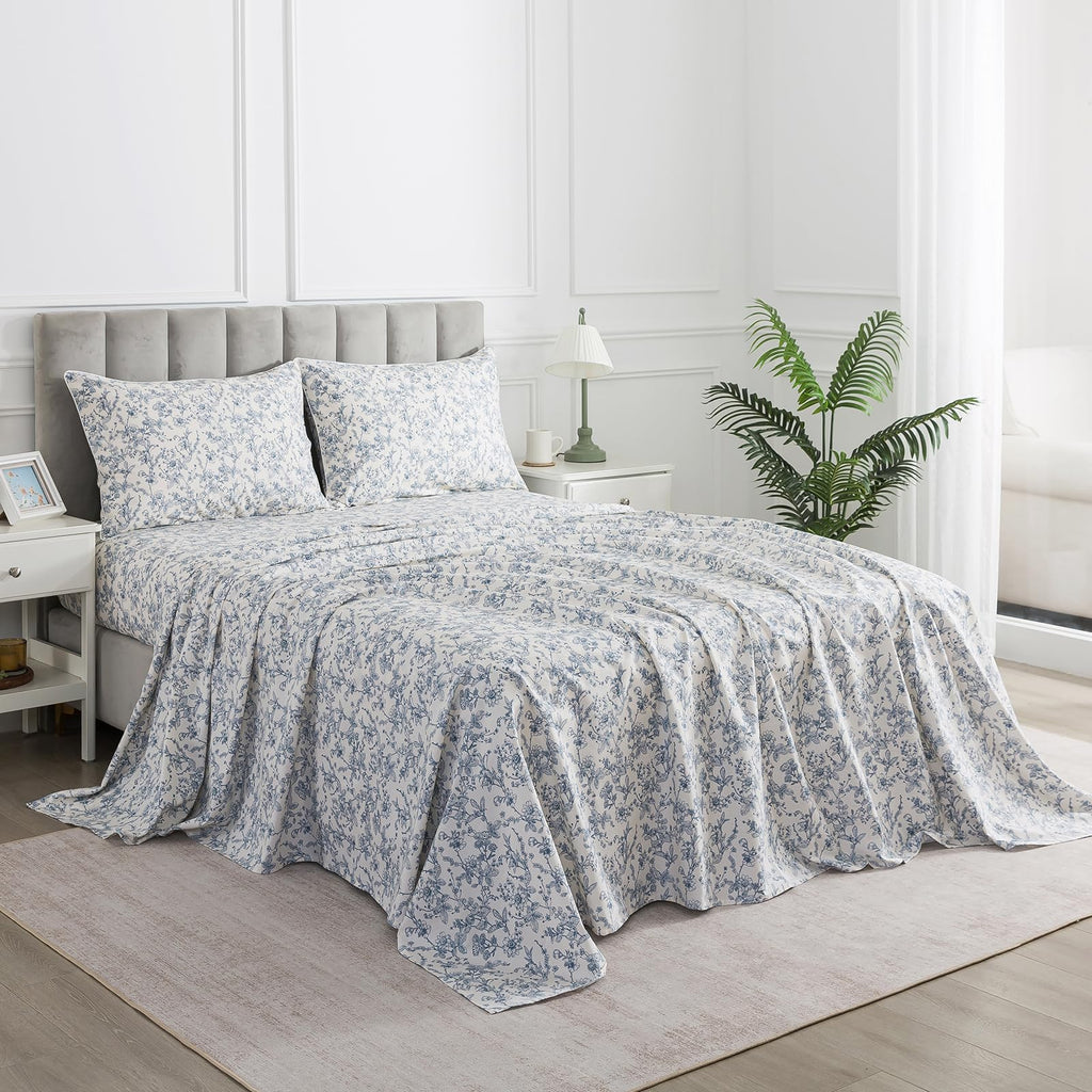 Vintage Floral Percale Sheets, Deep Pocket, White & Blue