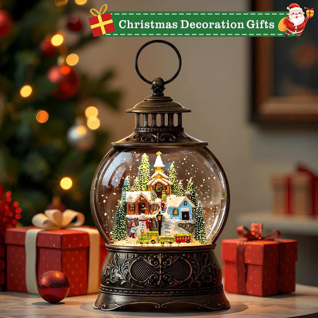Christmas Snow Globes Christmas Water Lantern with Snowy Train Snowman, Music & 6H Timer, USB Lined/Battery Operated