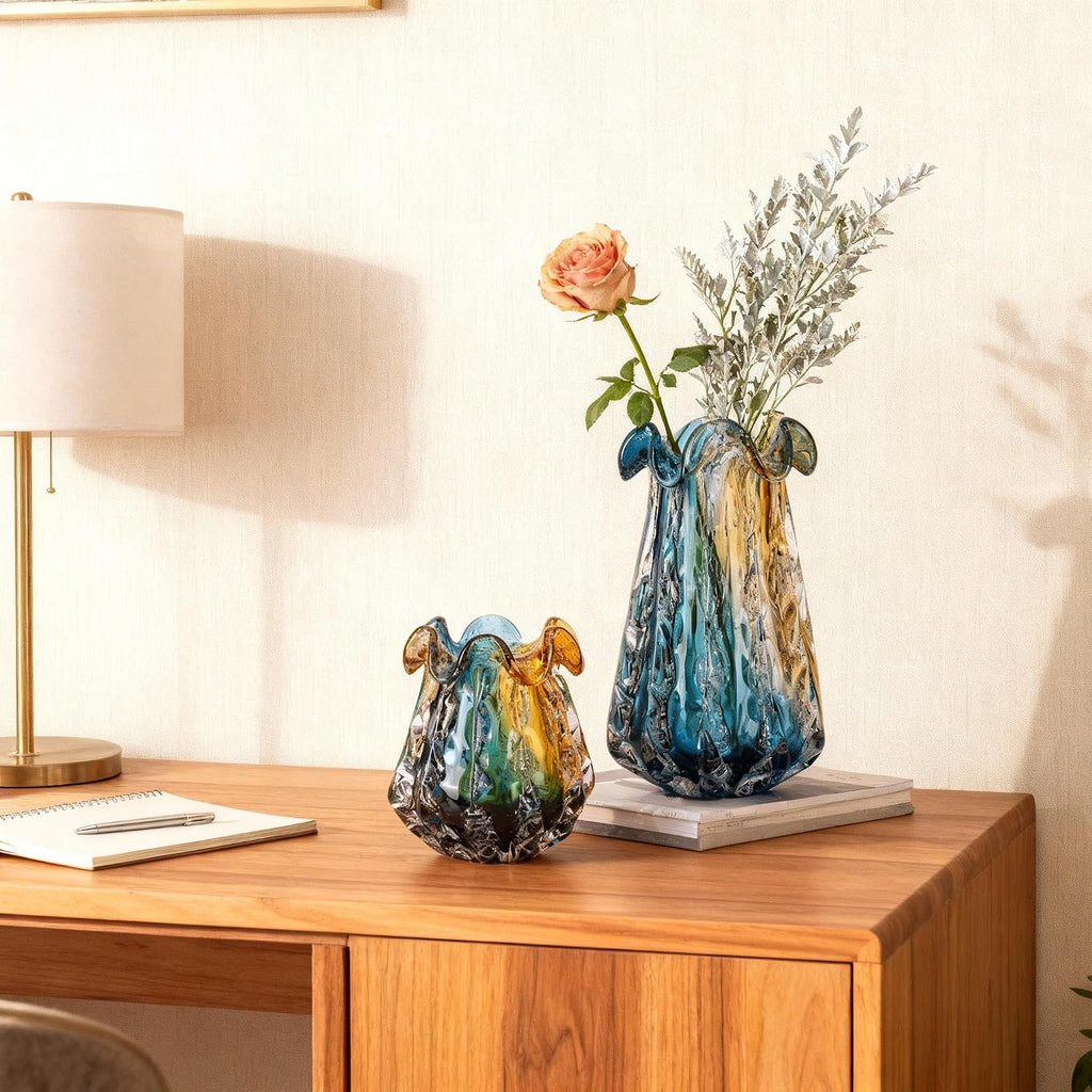 Hand Blown Glass Vase - Multi-Size Colorful Gradient Flower Vase for Centerpieces, Art Glass Home Decor & Living Room