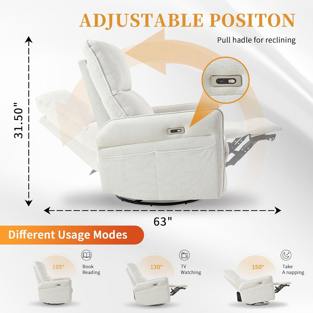 Power Swivel Rocker Recliner Chair , Upholstered Snowflake Velvet 270°Swivel Glider Rocker Chair with USB Ports