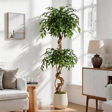 5FT Artificial Ficus Tree, 1449 Silk Leaves with Curved Natural-Look Trunk, Faux Tree in White Planter Pot with Real