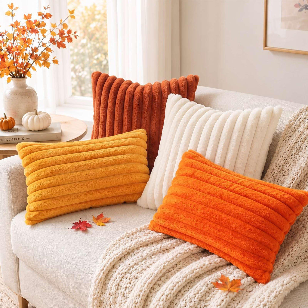Faux Fur Fall Decorative Throw Pillow Covers 16x16 Set of 2, Rust