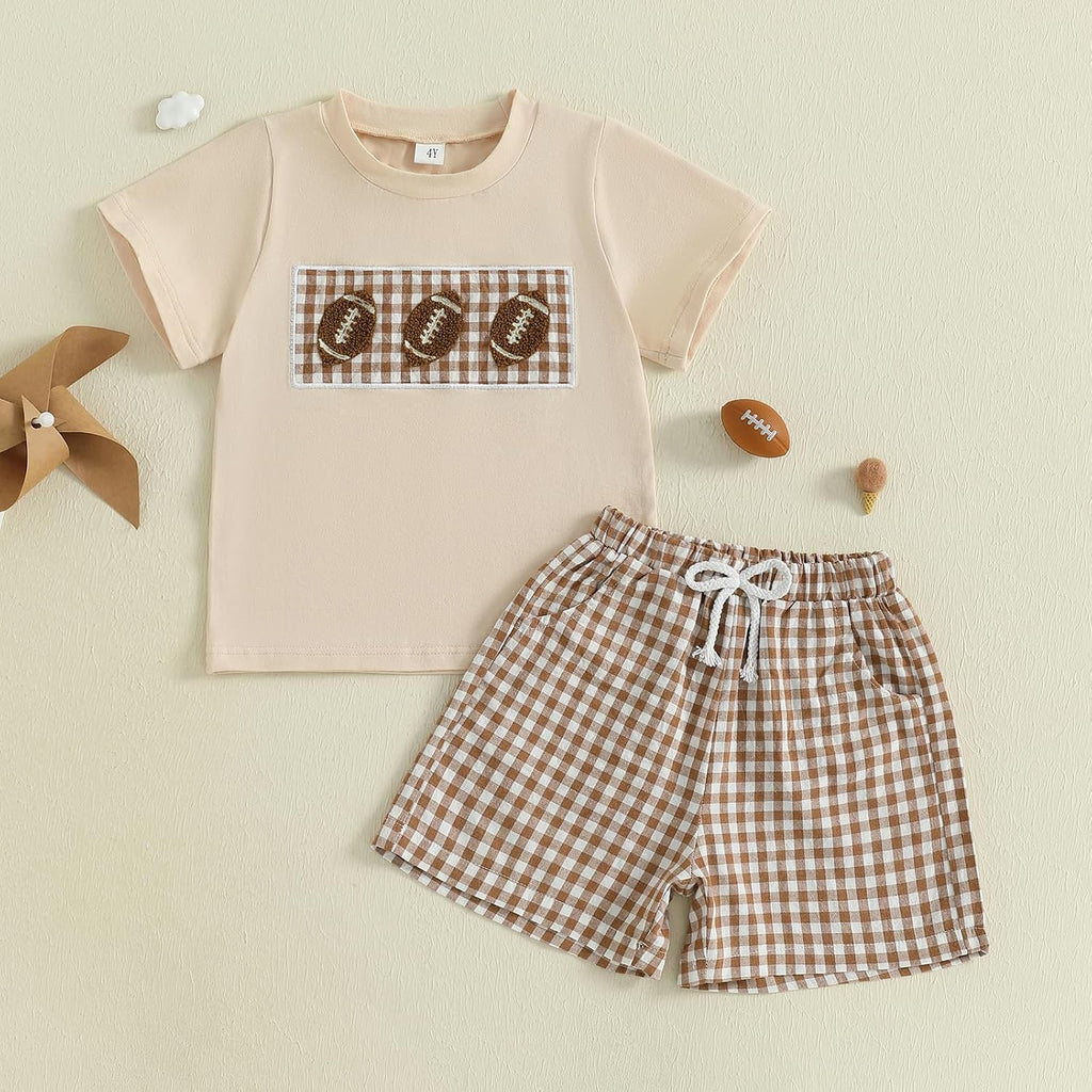 Kids Baby Boy Girl Football Outfit Embroidery Short Sleeve Shirt Plaid Shorts Cute Toddler Clothes Clothing Set
