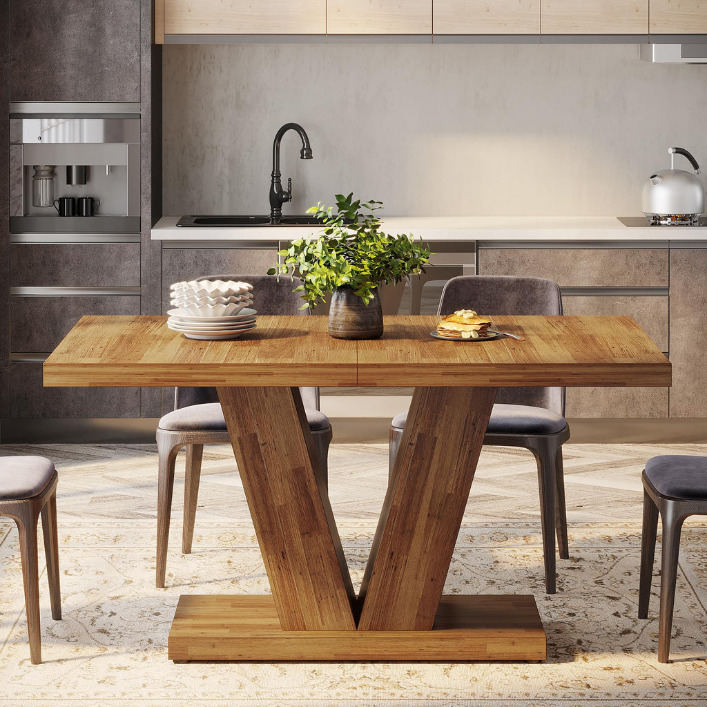 47-Inch Dining Table for 4, Walnut Brown Kitchen Dinner Table with Heavy Duty Pedestal, Farmhouse Wooden Eating Table