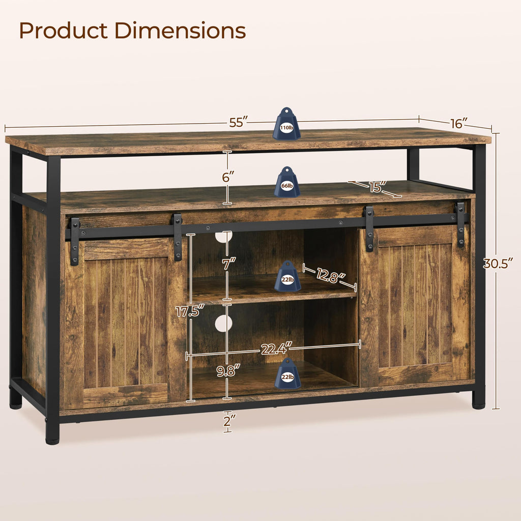Tall Farmhouse TV Stand for 65 Inch TV, Barn Doors, Rustic Brown