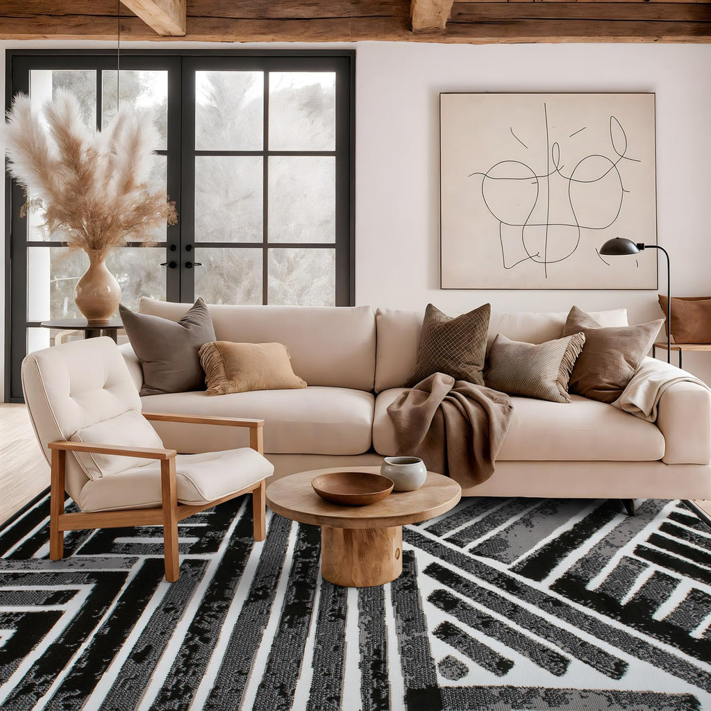 Contemporary Stripe High Traffic Living Room Area Rug Black