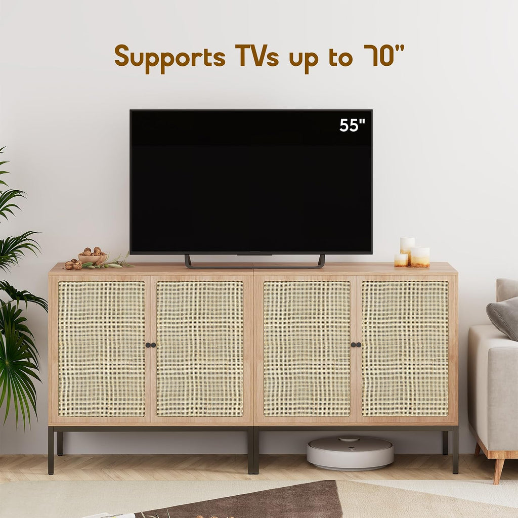 Rattan Sideboard Cabinet with 2 Doors, 31.5" Boho Buffet Credenza with Metal Legs, Natural Cane Accent Storage