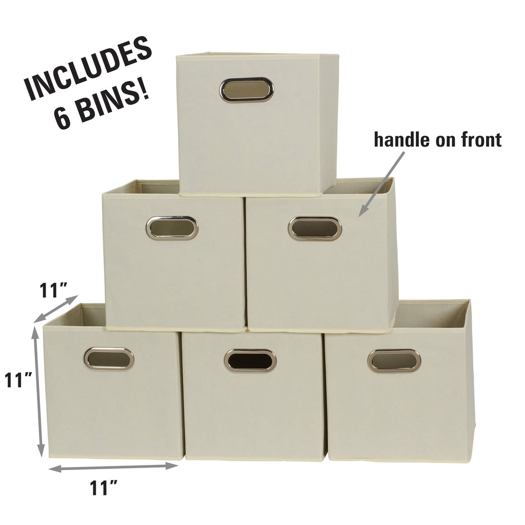 Fabric Storage Bins 6 Piece Set, Strong Poly-Woven Fabric, Sturdy Chipboard Sides, Grommet Front Handle, Stackable
