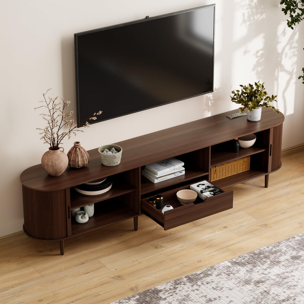 86.6" Fluted TV Stand with Power Outlet for TVs up to 90", TV Console with Adjustable Shelves and Sliding Door, Mid