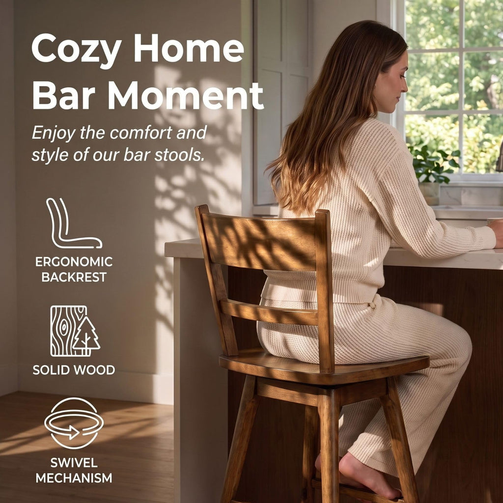 Swivel Counter Stools Set of 6, 24.5" Counter Height Solid Wood Bar Stools with Back & Wood Seat, Walnut Finish, Mid